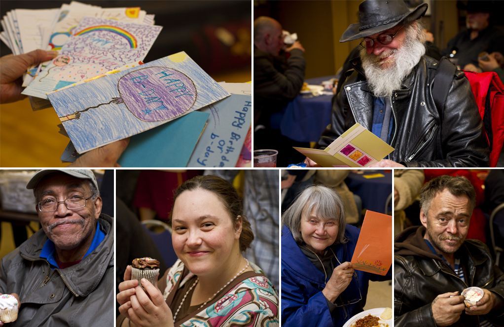 Homeless guests enjoy cupcakes and cards at our Birthday Party for the Homeless.